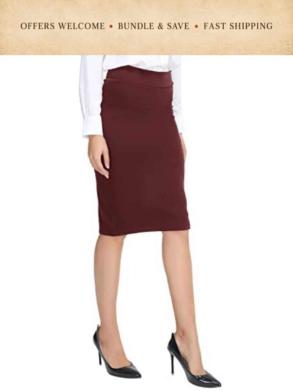 Women's Elastic Waist Stretch Bodycon Midi Pencil Skirt Pull On Office